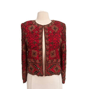 Vintage 90s Holiday Silk Beaded Cardigan Bolero Jacket Floral Embroidered Red